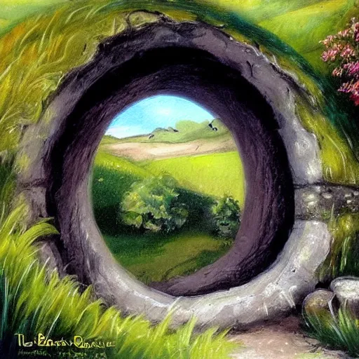 Prompt: landscape painting of bag end hobbit hole, tolkein, lord of the rings, painting by bob ross