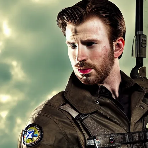 Image similar to chris evans as leon kennedy from resident evil, 4 k, high detail, high - resolution photograph, professional photography, ultra - detail