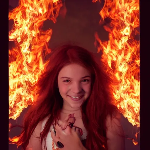 Prompt: a red haired brown eyed teenage girl surrounded by rings of flames and wisps of fire smiling maliciously. By Robert Fawcett