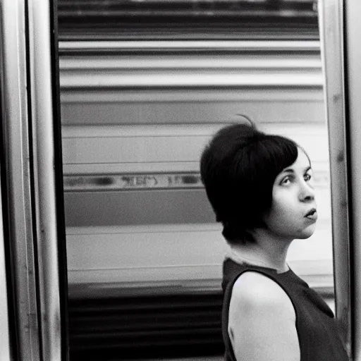 Prompt: a black haired woman gets annoyed by a train delay in germany, photography, hasselblad, large format, 1965 magnum photography, grain, shallow dof