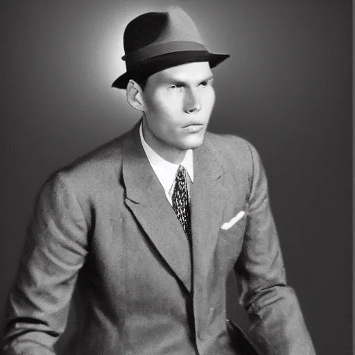 Image similar to A photograph portrait of Jerma985 wearing a suit with and fedora in the 1940s, taken in the early 1940s, grainy, taken on a 940s Kodak Camera, realistic, hyperrealistic, very realistic, highly detailed, very detailed, extremely detailed, detailed, digital art, trending on artstation