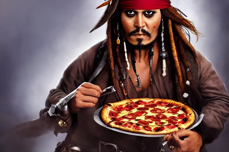 Image similar to Captain Jack Sparrow eating a delicious pizza, studio portrait, dramatic lighting, trending on artstation