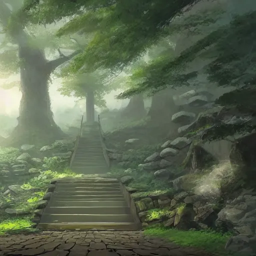 Prompt: concept art by sylvain sarrailh of a haunted japan temple, a short stone path stairs, asiatic forest