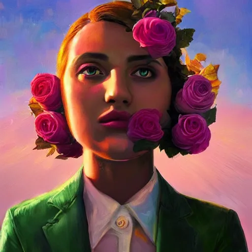 Image similar to closeup, huge rose flower face, frontal, girl with suit, surreal photography, sunrise, dramatic light, impressionist painting, digital painting, artstation, simon stalenhag