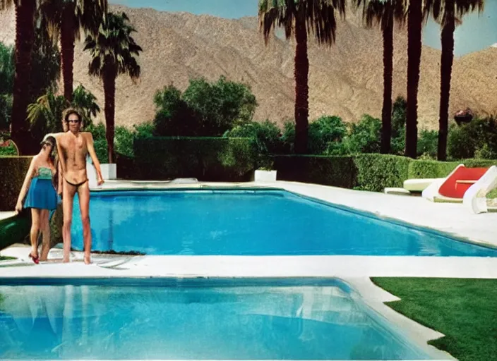 Image similar to a detailed photograph of 1 9 7 0 s palm springs backyard pool by slim aarons, poolside glamour, photoreal, getty images, 4 k