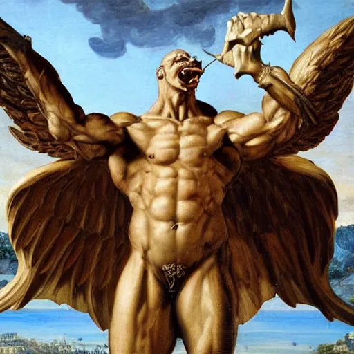 Prompt: an oil painting of a big, proud muscular Gargoyle, Renaissance painting, Renaissance Port City background, fangs, angel wings, 1450