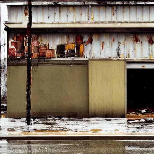 Image similar to an abandoned store's exterior in the middle of nowhere, by saul leiter, ultra detailed, rainy, beautiful