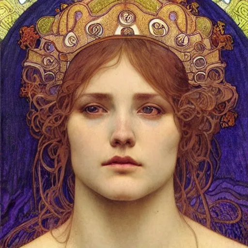 Image similar to detailed realistic beautiful young medieval queen face portrait by jean delville, alphonse mucha, and marco mazzoni, art nouveau, symbolist, visionary, gothic, pre - raphaelite