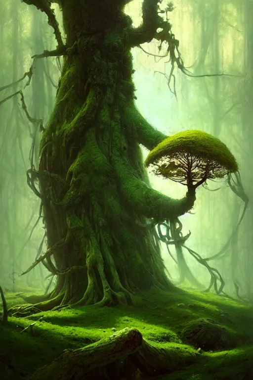 Image similar to great fat tree with a moss moustache in the woods by bayard wu, anna podedworna, gaston bussiere, greg rutkowski