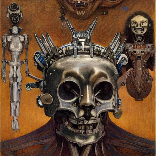 Prompt: the robot wearing the bone crown, by Annie Swynnerton and Diego Rivera , symbolist, dramatic lighting, elaborate geometric ornament, Art Brut, soft cool colors,smooth, sharp focus, extremely detailed, Adolf Wölfli and (Donato Giancola)