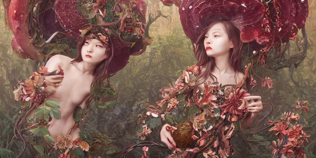 Image similar to breathtaking detailed concept art painting of the goddess of rafflesia arnoldii flowers, orthodox saint, with anxious, piercing eyes, ornate background, amalgamation of leaves and flowers, by Hsiao-Ron Cheng, James jean, Miho Hirano, Hayao Miyazaki, extremely moody lighting, 8K