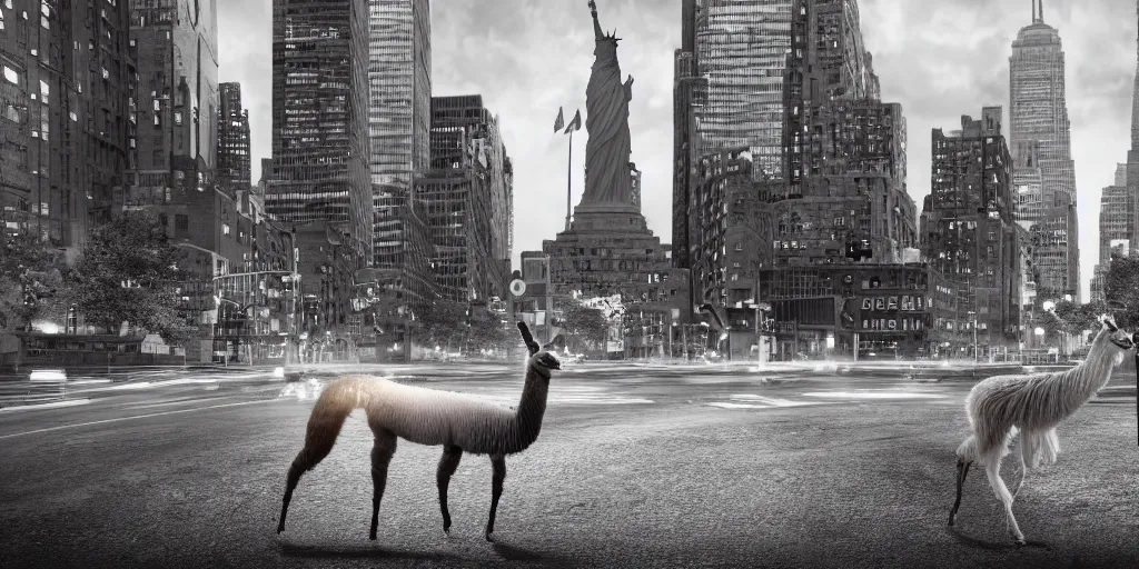 Image similar to a llama walking through a desolate manhattan city street at night, statue of liberty seen in the background, realistic 4 k octane beautifully detailed render, 4 k post - processing, highly detailed, detailed face, intricate complexity, epic composition, magical atmosphere, cinematic lighting, masterpiece, color picture, ultra hd