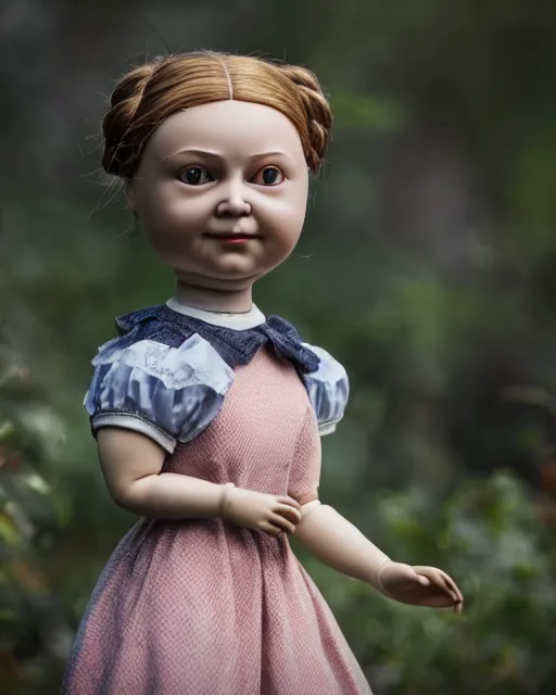 Prompt: high quality presentation photo of a cute greta thunberg porcelain doll in the style of mark ryden photography 4k, f1.8 anamorphic, bokeh, 4k, Canon, Nikon