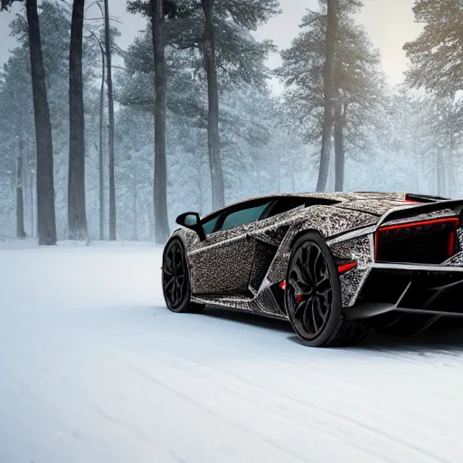 Image similar to ultra detailed lamborghini in a snowy forest with leaves falling, 8 k, octane render, ray traced, global illumination, ultra detailed, photorealistic