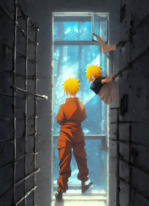 Image similar to highly detailed prison cell with naruto uzumaki with black hair, metal bars in window, powerfully hitting a wall, art by greg rutkowski, loish, rhads, ferdinand knab, makoto shinkai and lois van baarle, ilya kuvshinov, rossdraws, tom bagshaw, global illumination, radiant light, detailed and intricate environment