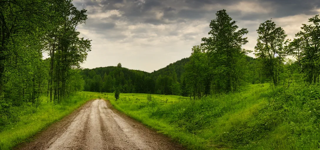 Image similar to The landscape of a green hilly forest somewhere in Germany, a country road is visible, through which a deer runs, ultra detailed