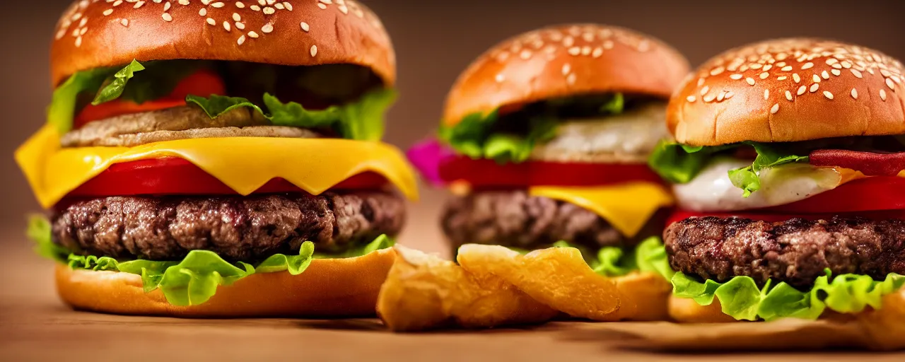 Prompt: juicy burgers from a fast food restaurant, depth of field, food photography, isometric, tasty, burger, wide shot, studio, bokeh, gmaster, cooking, food, kodak, sony, canon