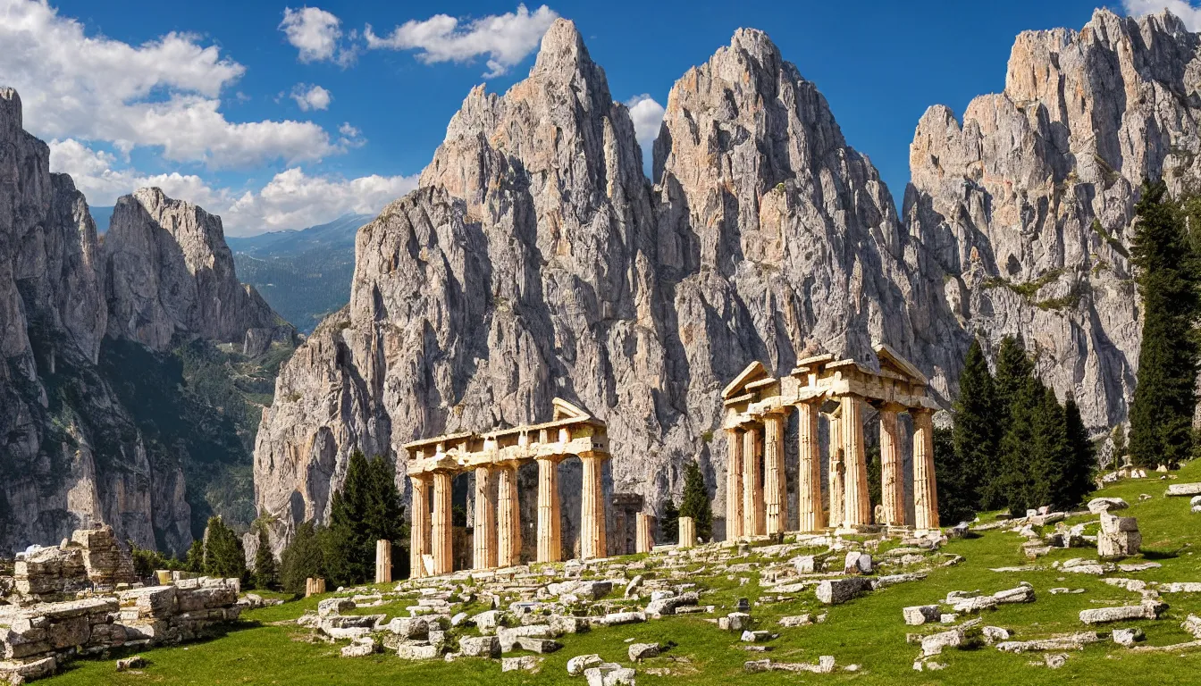 Prompt: ancient greek temple in the dolomites mountains