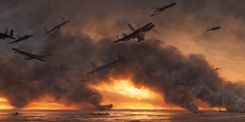 Image similar to the normandy!!!!! landings, d - day, 1 9 4 5, sunset, chaos!!!, smoke, fire, soldiers charging in, airplanes bombing the beach, destroyed tanks, highly detailed, wide shot, sadness, cinematic, ultra realistic!!!, ray tracing, by greg rutkowski