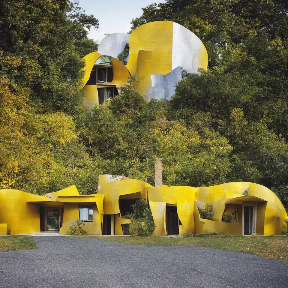 Image similar to a flat leveled bungalow designed by Frank Gehry. Tiles. Gravel driveway. Film grain, cinematic, yellow hue