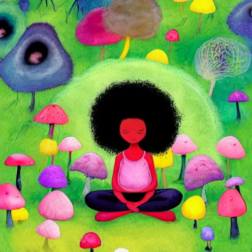 Image similar to a black girl with a colorful afro and big beautiful eyes meditating in a mushroom garden, bokeh, bright colours, watercolor, volumetric wool felting, macro photography, children illustration, by goro fujita