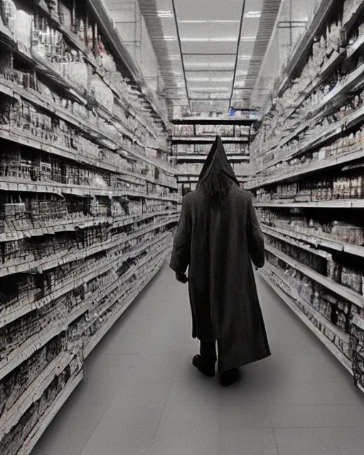 Image similar to gandalf wearing a wizard hat, stacking supermarket shelves craig mullins, cinematic lighting, gloomy