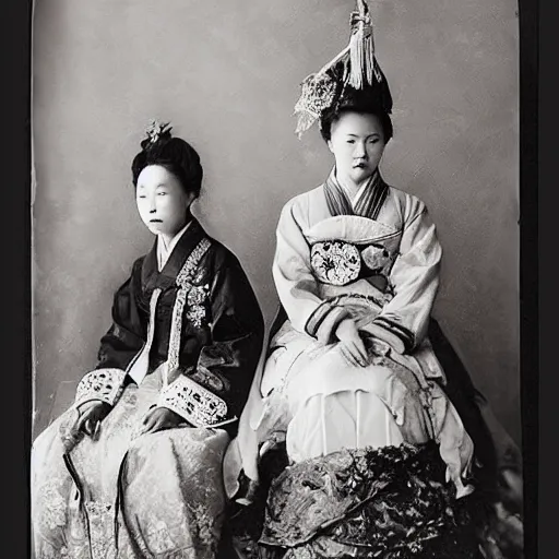 Image similar to A Russian and Japanese mix 1900s historical fantasy photograph of an empress bridal ensemble featured inside of a museum.