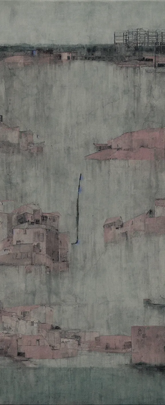 Image similar to a chinese prison near a river by peter doig, muted colors