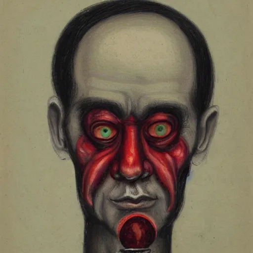 Image similar to portrait of alexander abdulov, with a red eyes, satanic body, head of old man, in blood of sinners, hellish style