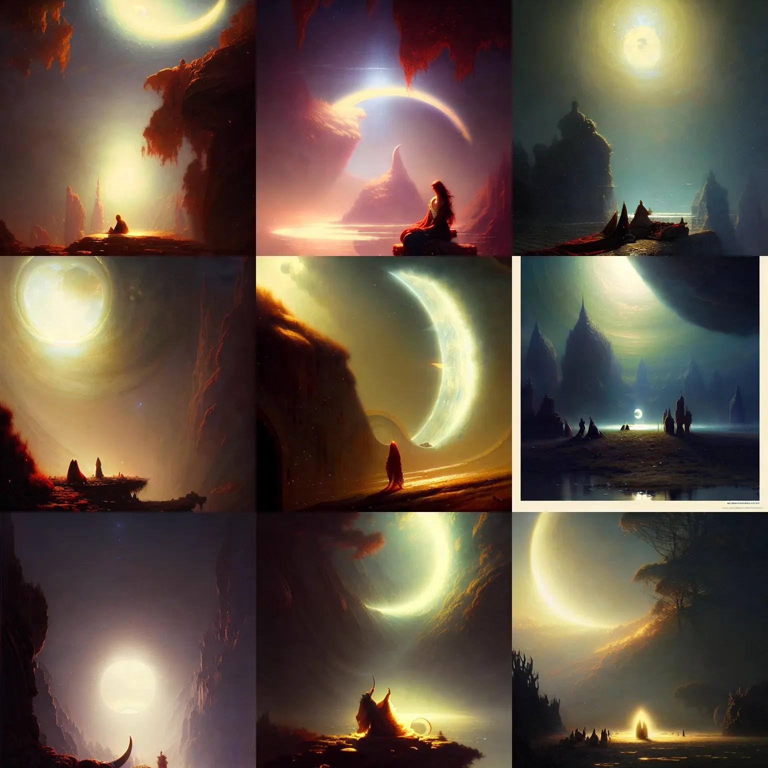 Prompt: giant shining crescent in focus, magic fluffy persian carpet dimension, by greg rutkowski and gaston bussiere, dim lighting, beautiful volumetric - lighting - style atmosphere, surreal atmosphere, intricate, detailed, photorealistic imagery, trending artstation