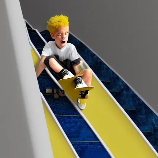 Prompt: A boy, (Bart Simpson), skateboarding down a flight of stairs at home, digital art, 4K, 8K