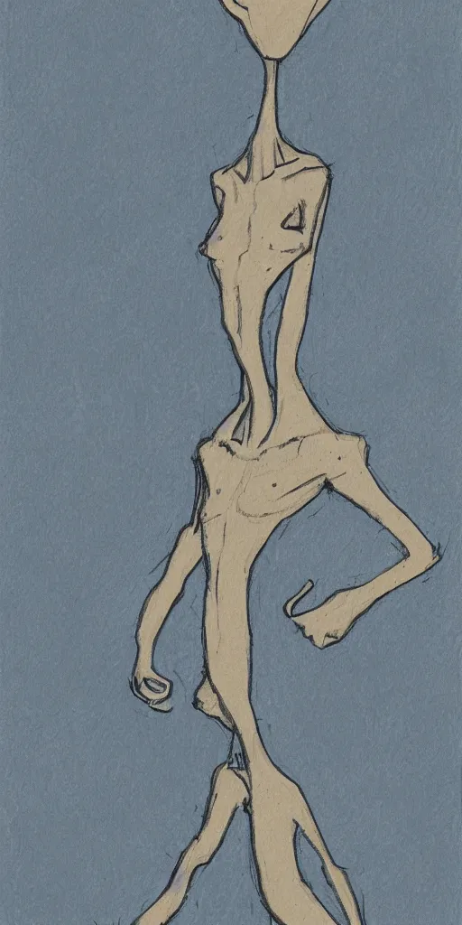 Image similar to impressionist sketch of an alien came to earth, nighttime, weird, elegant, panorama, character is small