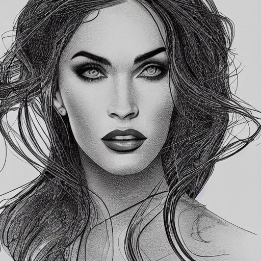 Image similar to “Megan Fox, portrait!!! Portrait based on doodles, scribbled lines, sketch by Liz Y Ahmet, monochrome, concept Art, millions lines, ultra detailed portrait, 4k resolution”