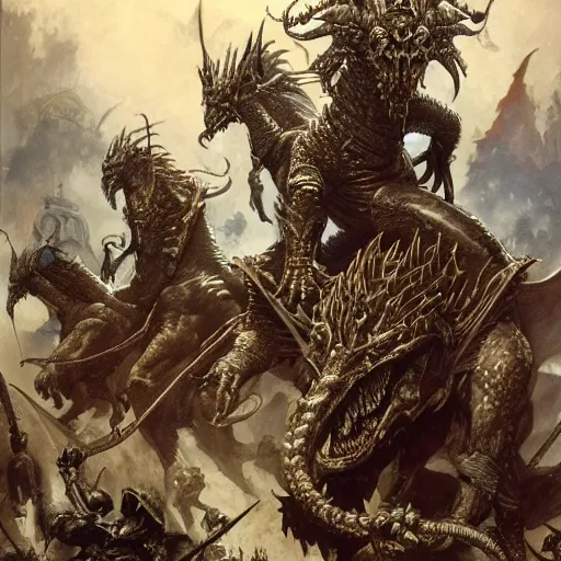 Image similar to an army of draconians riding beasts with flag bearers and trumpeters, intricate detail, royo, vallejo, frazetta, giger, whealan,