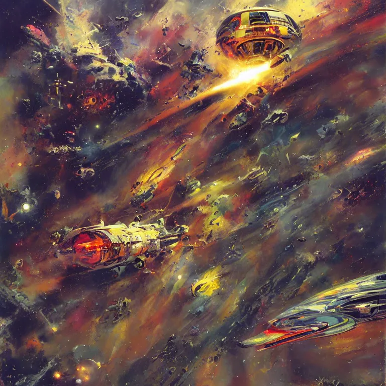 Prompt: spaceship that looks like the kool-aid man bursting into hyperspace, by John Berkey, concept art, space