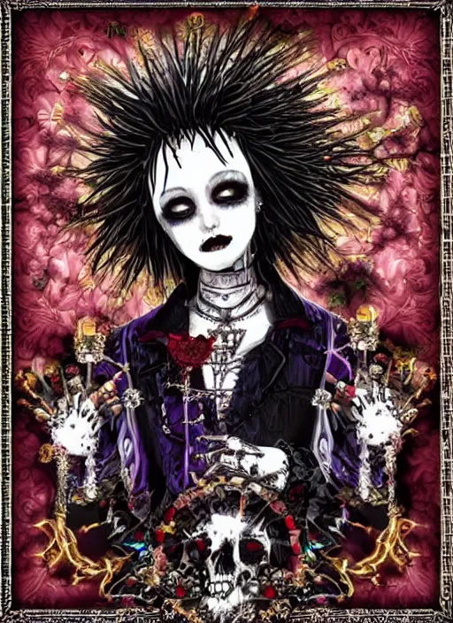 Prompt: baroque bedazzled gothic royalty frames surrounding a pixelsort emo demonic horrorcore japanese Edward Scissorhands, sharpened early computer graphics, remastered chromatic aberration