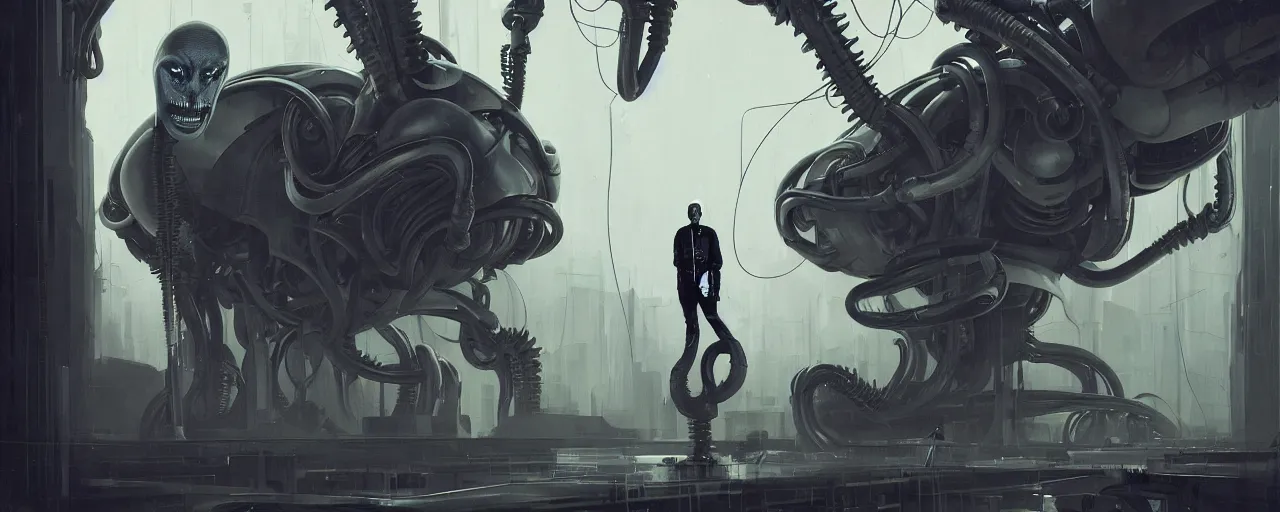 Prompt: duotone noir concept illustration 3 / 4 portrait of swiss artist hans giger with techno alien machinery in the background. cinematic volumentric lighting. cosmic horror. accidental renaissance. by sachin teng and sergey kolesov and ruan jia and heng z. graffiti art, scifi, fantasy, hyper detailed. octane render. concept art. trending on artstation