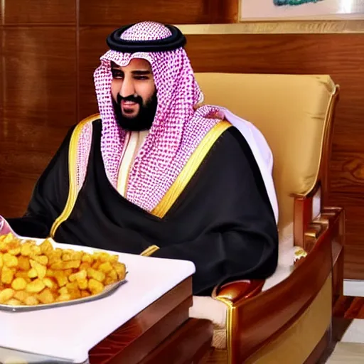 Prompt: mohammed bin salman playing a game live on twitch and eating a potato