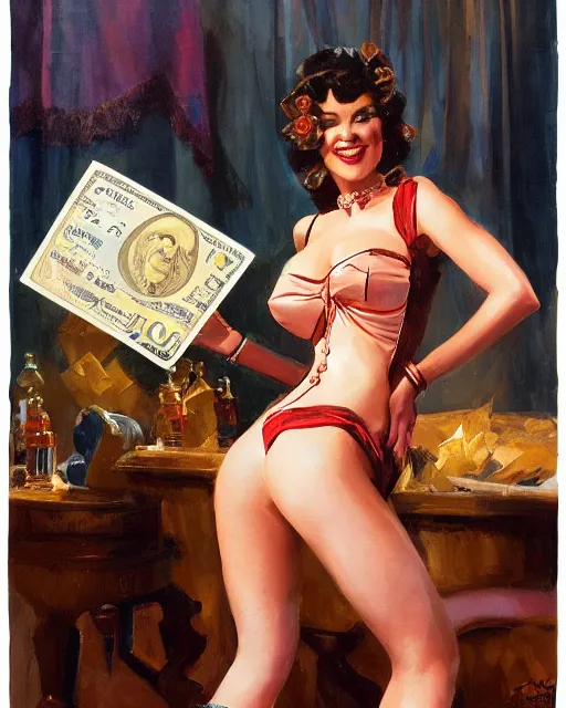 Image similar to burlesque woman selling bitcoin, commercial, buy bitcoin, craig mullins, j. c. leyendecker