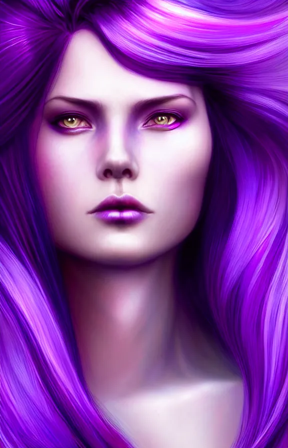 Prompt: Purple hair relistic macro Portrait of a woman with bright colored flying hair, all shades of purple. Beauty face, Hair coloring, fantasy, intricate, elegant, highly detailed, digital painting, artstation, concept art, smooth, sharp focus, illustration, art by artgerm and greg rutkowski and alphonse mucha