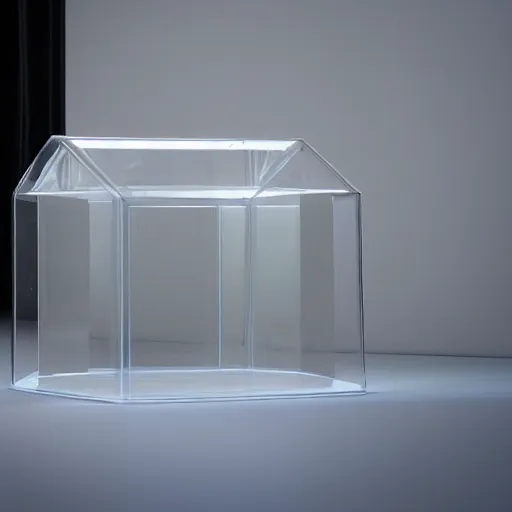 Prompt: an ultra high definition professional studio quality photograph of a transparent iridescent perspex pastel coloured tent on a white plinth in an empty white room. dramatic lighting, ray tracing, refraction, shallow d. o. f, colour corrected, golden ratio, three point light. volumetric shadows. god rays.