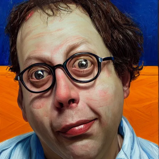 Prompt: high quality high detail painting of todd solondz portrait, happy, showing strong content, pleasure, or fun ; full of joy, by lucian freud and francis bacon, hd, photorealistic lighting