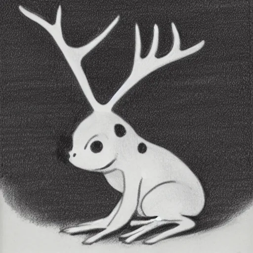 Image similar to drawing from 1 9 2 0's disney animation, white paper, black & white, frog rabbit on a table, antler