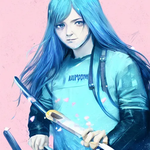 Image similar to ilya kuvshinov with long hair, sky blue hair, hazel eyes, boyish face, wielding a sword and shield, professional digital painting, concept art, award - winning photography, cinematic, forest background, awe, regal, wlop, art by andy warhol, pixiv art, yoshitaka amano