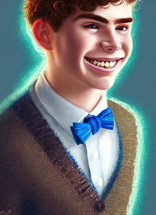 Image similar to portrait of teenage archie andrews, freckles, curly middle part haircut, curly hair, middle part hairstyle, smiling kindly, wearing a bowtie and sweater vest, intricate, elegant, glowing lights, highly detailed, digital painting, artstation, concept art, smooth, sharp focus, illustration, art by wlop, mars ravelo and greg rutkowski