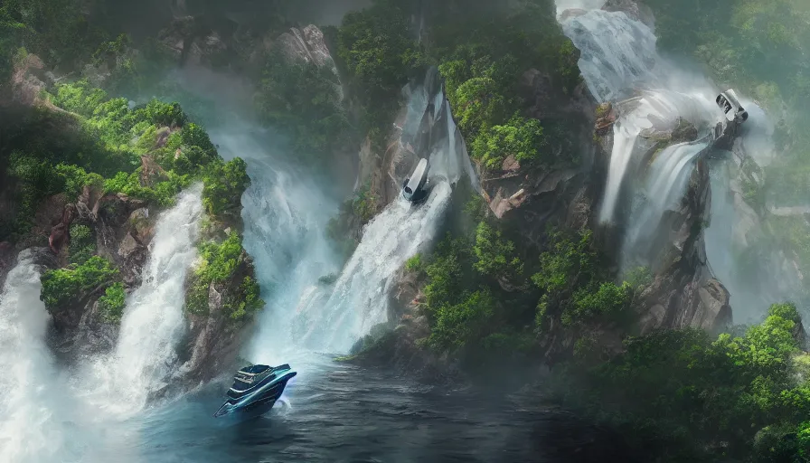 Prompt: Movie scene of a cruise ship falling from a waterfall, hyperdetailed, artstation, cgsociety, 8k