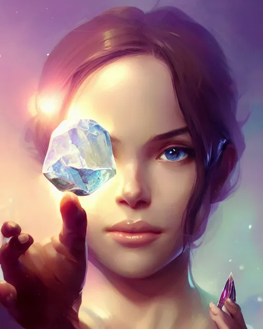 Prompt: a detailed image of an attractive!!!! girl holding a crystal containing all of reality, by greg rutkowski artgerm ross tran ilya kuvshinov. 7 0 mm, volumetric lighting, digital art, subtle and detailed