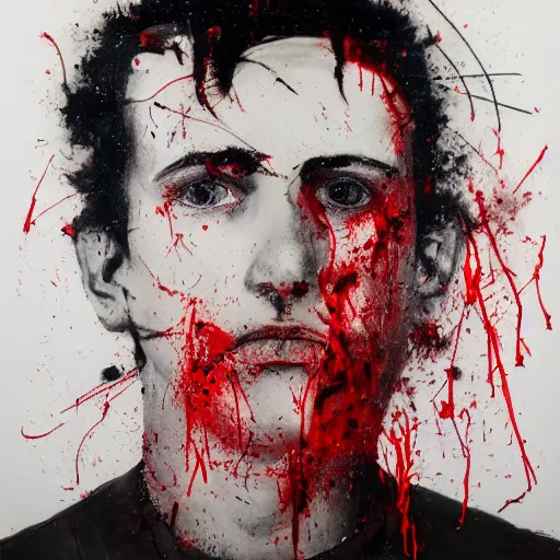 Image similar to matte portrait of a depressed young man covered in blood, by Antony Micallef, minimalist cubism