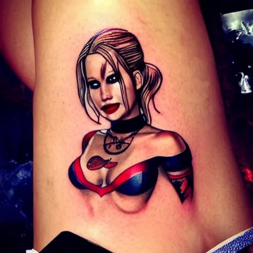 Prompt: a tatoo depicting jennifer lawrence as harley quinn, photo