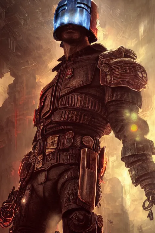 Image similar to Judge Dredd, realistic and ultra intricate detailed soft painting, volumetric lighting, mist, chains and red fluid background, Artstation, Tom Bagshaw Yasushi Nirasawa Moebius artstyle, unreal render, depth of field